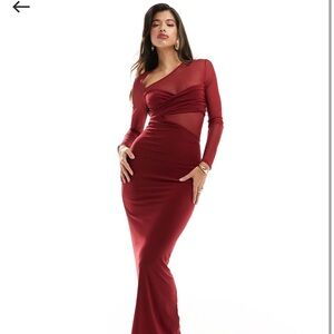 ASOS DESIGN long sleeve mesh mix maxi dress with twist bust in burgundy